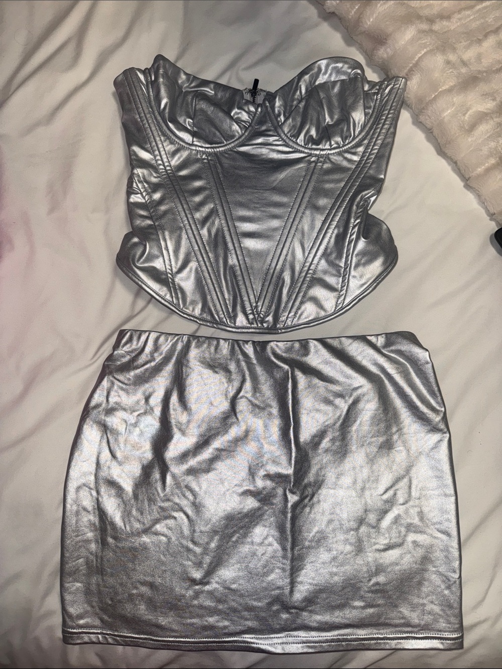 Silver Metallic Corset Top and Mini Skirt Set